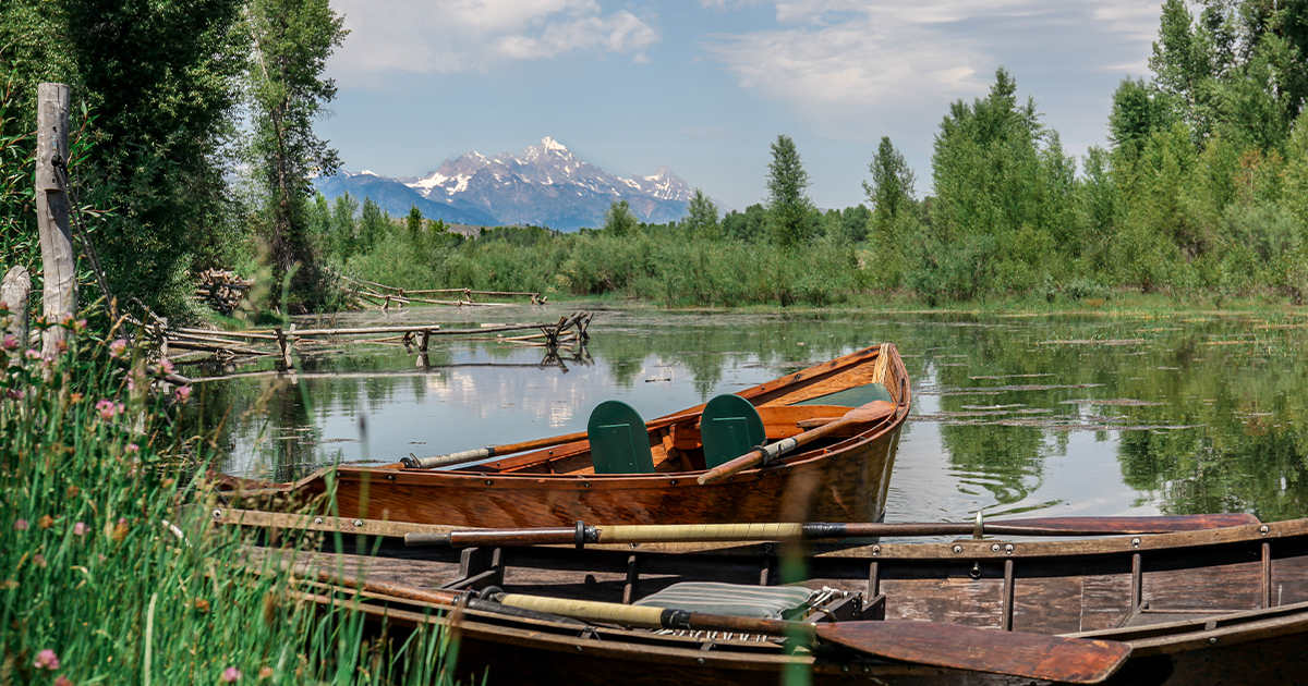Wooden Boats Sit At The Shoreline Of The Snake River In Jackson Hole