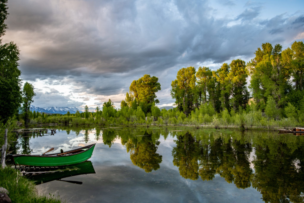 A Wooden Boat Sits In An Eddy On The Snake River While The Setting Sun Illuminates The Cottonwood Trees At The River's Edge